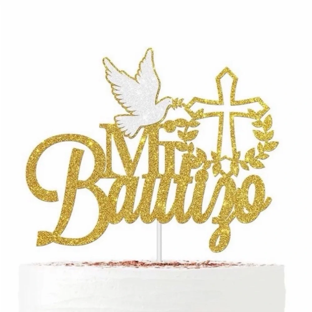 Gold 'Mi Bautizo' Cake Topper with Dove and Cross – Baptism Celebration Decor